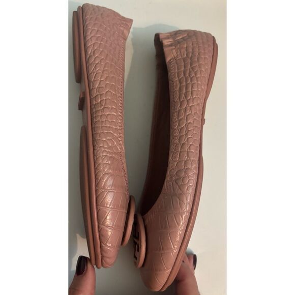 Tory Burch MINNIE Travel Rosa Ballet Flats Logo Pink Croco Embos Shoe Size 8 - Picture 7 of 11